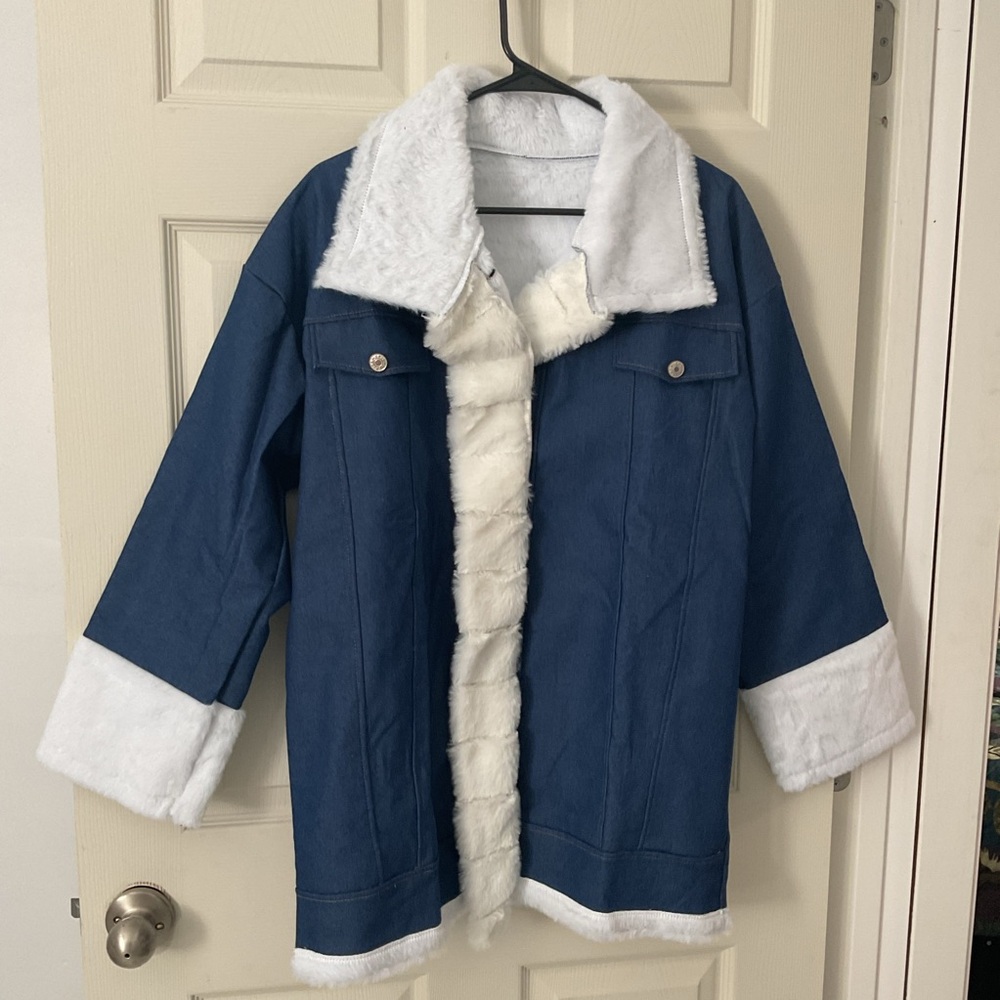 NWOT Winter Fluffy Fleece Lined Denim Jean Jacket Button Down Warm Denim Coat L - Picture 2 of 12